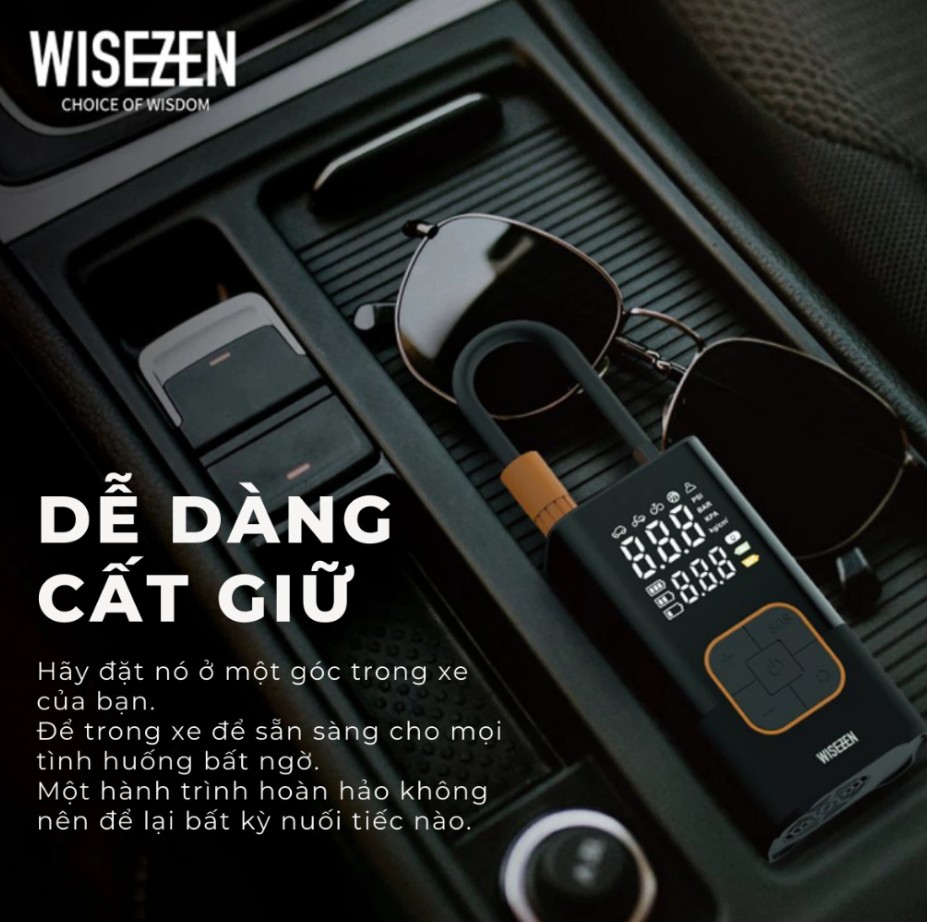 Bơm lốp ô tô Wisezen điện xe máy đạp bóng thông minh di động đồng hồ điện tử hiển thị áp suất