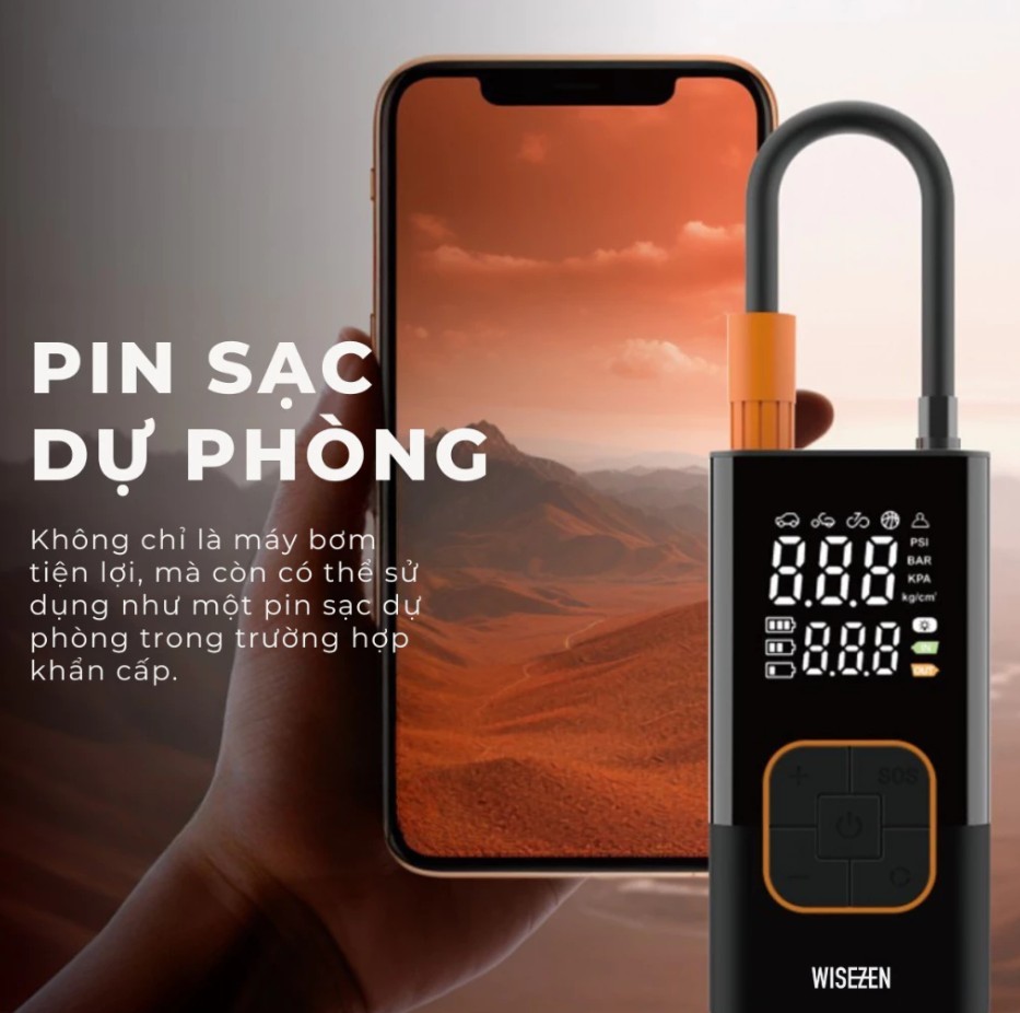 Bơm lốp ô tô Wisezen điện xe máy đạp bóng thông minh di động đồng hồ điện tử hiển thị áp suất