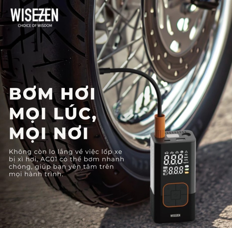 Bơm lốp ô tô Wisezen điện xe máy đạp bóng thông minh di động đồng hồ điện tử hiển thị áp suất