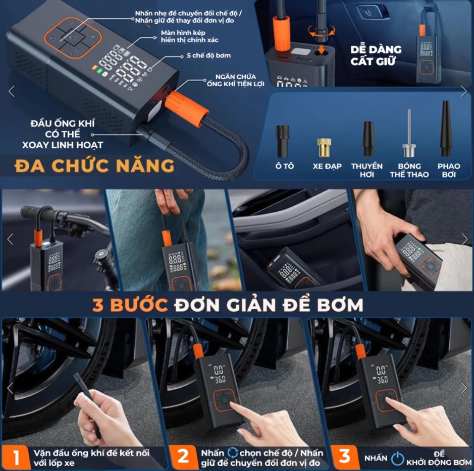 Bơm lốp ô tô Wisezen điện xe máy đạp bóng thông minh di động đồng hồ điện tử hiển thị áp suất