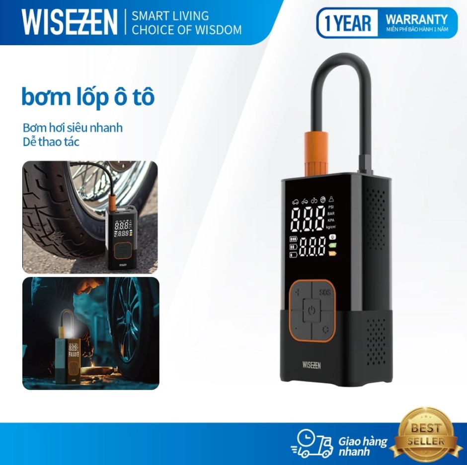 Bơm lốp ô tô Wisezen điện xe máy đạp bóng thông minh di động đồng hồ điện tử hiển thị áp suất