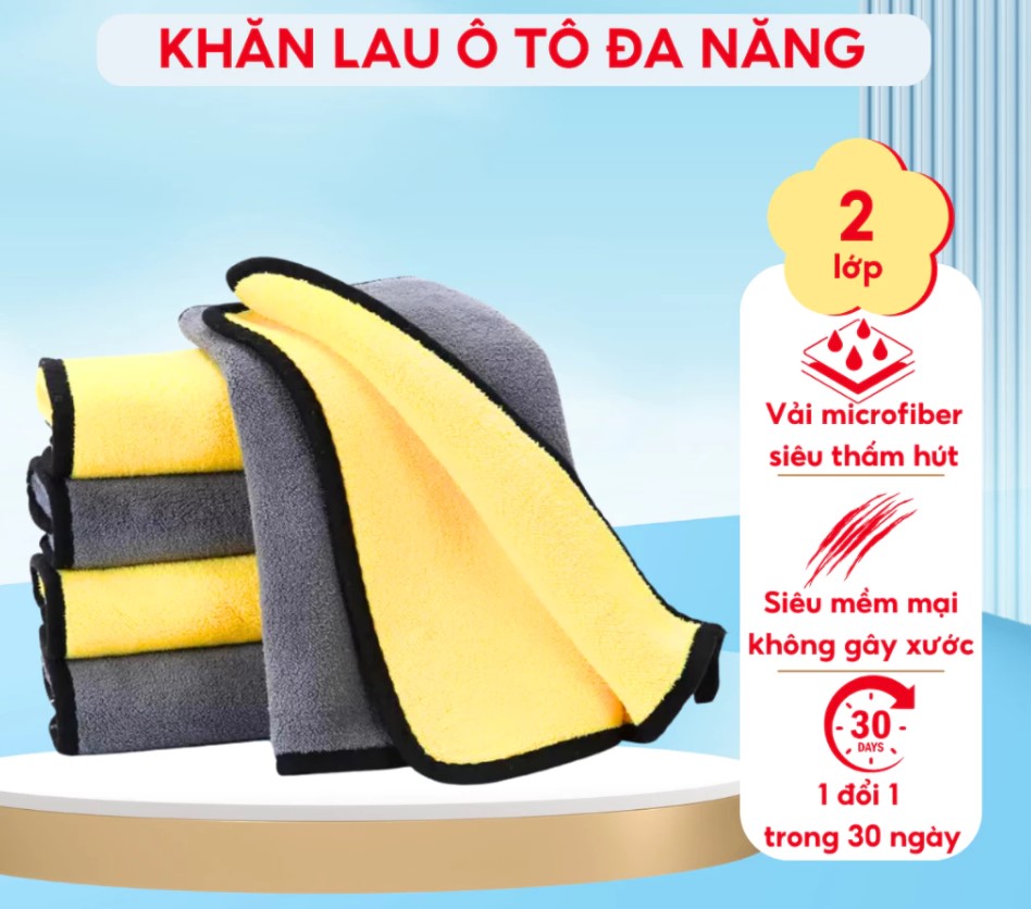 Khăn Lau Rửa Xe Ô Tô Chuyên Dụng Microfiber Đa Năng Khăn Dày Mịn Siêu Thấm Hút Không Sơ Rối 2 Lớp