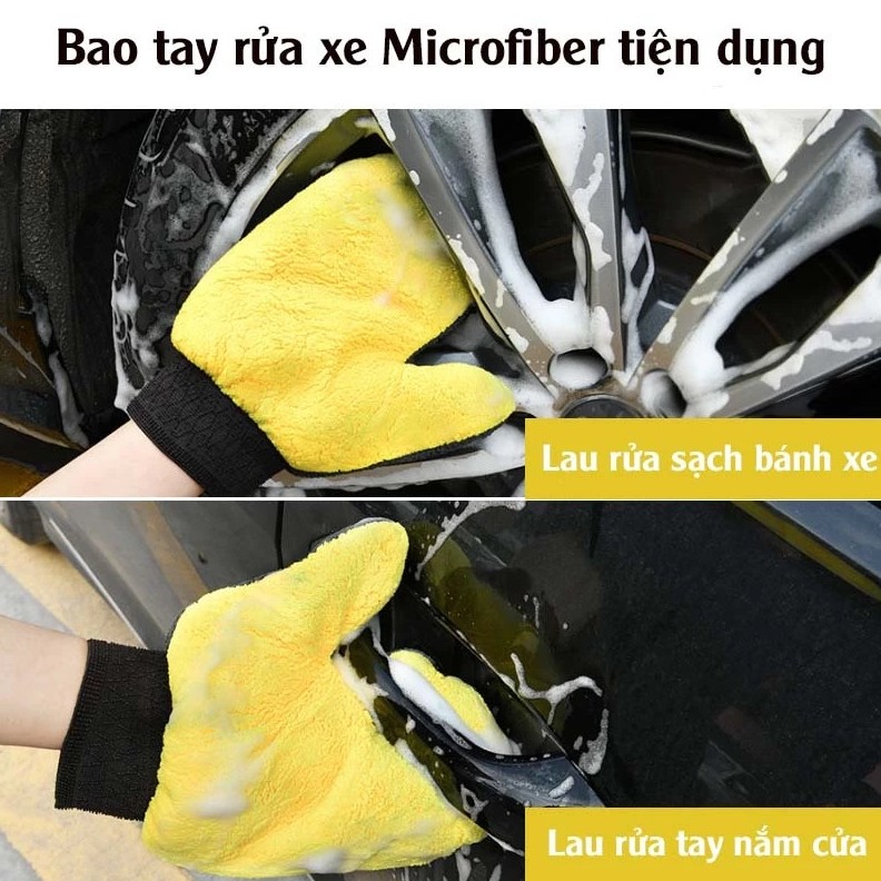 Bao Tay Rửa Xe Microfiber Cao Cấp – Găng Tay Lau Đa Năng Cho Ô Tô, Xe Máy (Màu Vàng Xám)