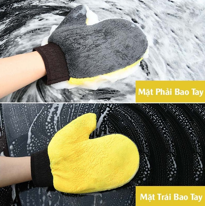 Bao Tay Rửa Xe Microfiber Cao Cấp – Găng Tay Lau Đa Năng Cho Ô Tô, Xe Máy (Màu Vàng Xám)