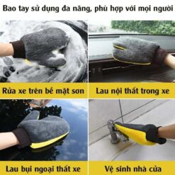 Bao Tay Rửa Xe Microfiber Cao Cấp – Găng Tay Lau Đa Năng Cho Ô Tô, Xe Máy (Màu Vàng Xám)