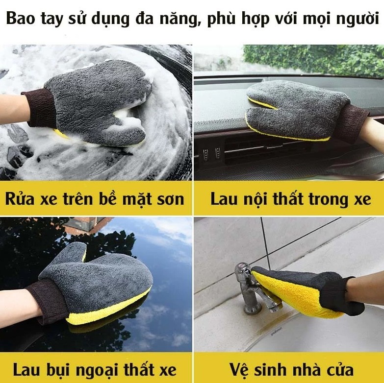 Bao Tay Rửa Xe Microfiber Cao Cấp – Găng Tay Lau Đa Năng Cho Ô Tô, Xe Máy (Màu Vàng Xám)