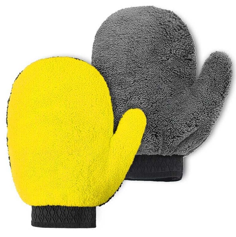 Bao Tay Rửa Xe Microfiber Cao Cấp – Găng Tay Lau Đa Năng Cho Ô Tô, Xe Máy (Màu Vàng Xám)