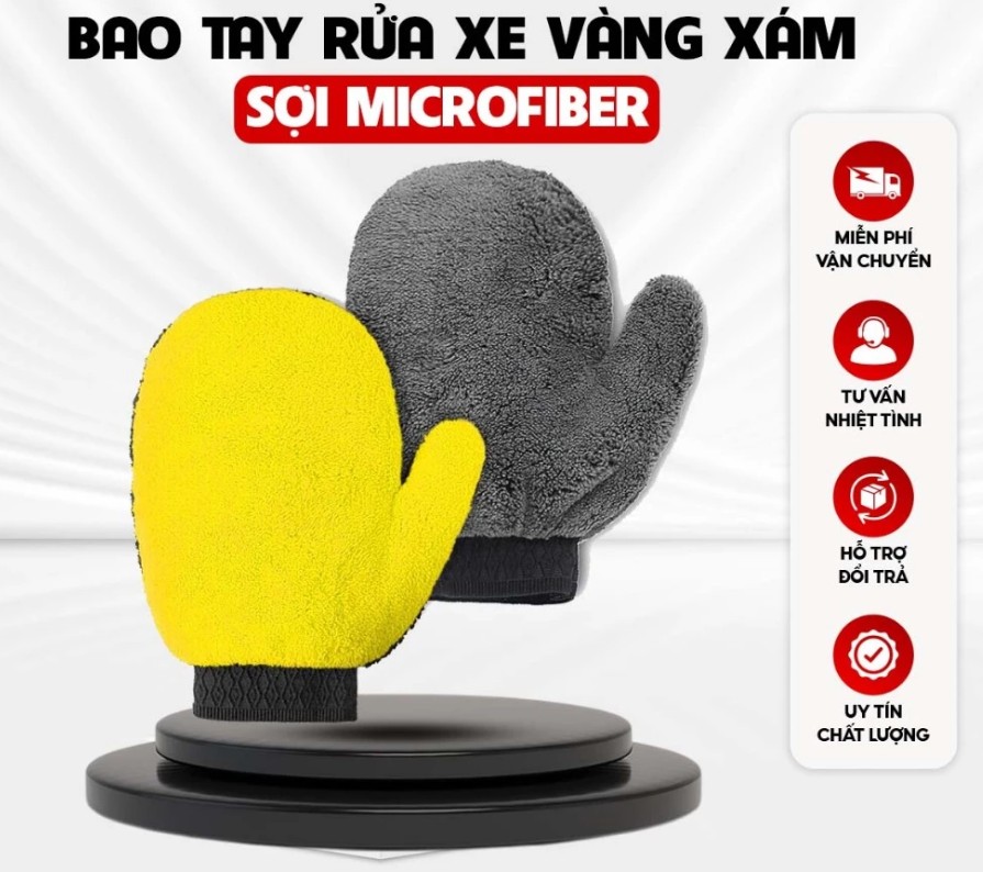 Bao Tay Rửa Xe Microfiber Cao Cấp – Găng Tay Lau Đa Năng Cho Ô Tô, Xe Máy (Màu Vàng Xám)