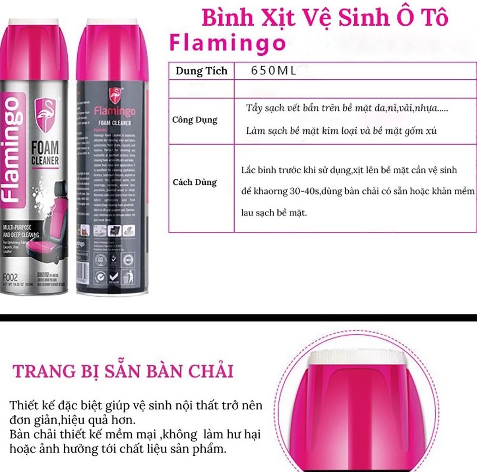 Bình Xịt Tẩy Đa Năng Dạng Bọt Flamingo F002 650ml – Làm Sạch, Khử Mùi Ô Tô & Nội Thất Gia Đình