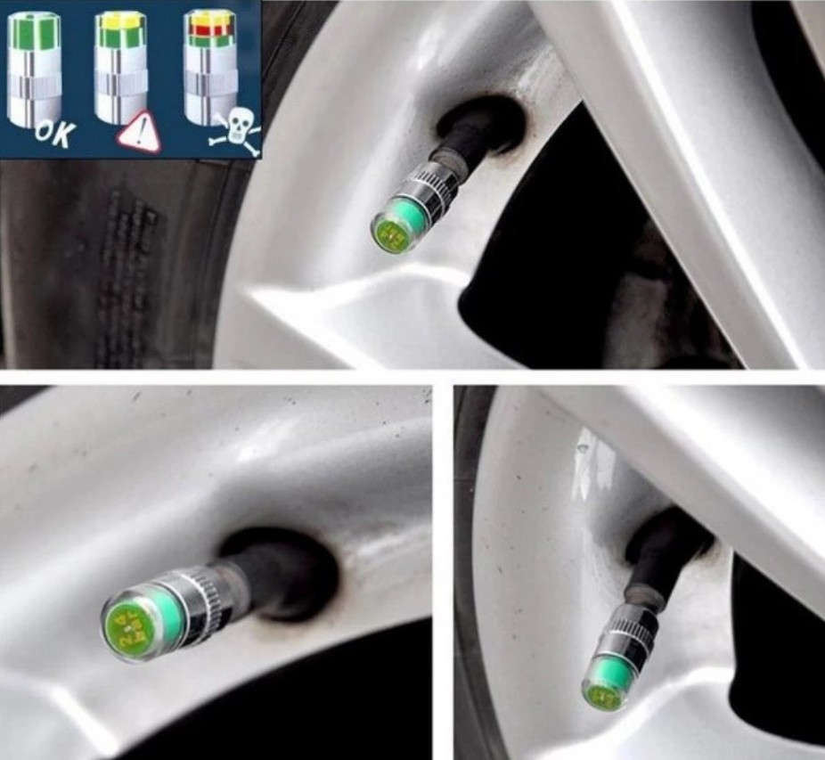 Bộ 4 Nắp Van Cảnh Báo Áp Suất Lốp 3 Màu, Đồng Hồ Đo Áp Suất Thu Nhỏ Cho Ô Tô & Xe Máy