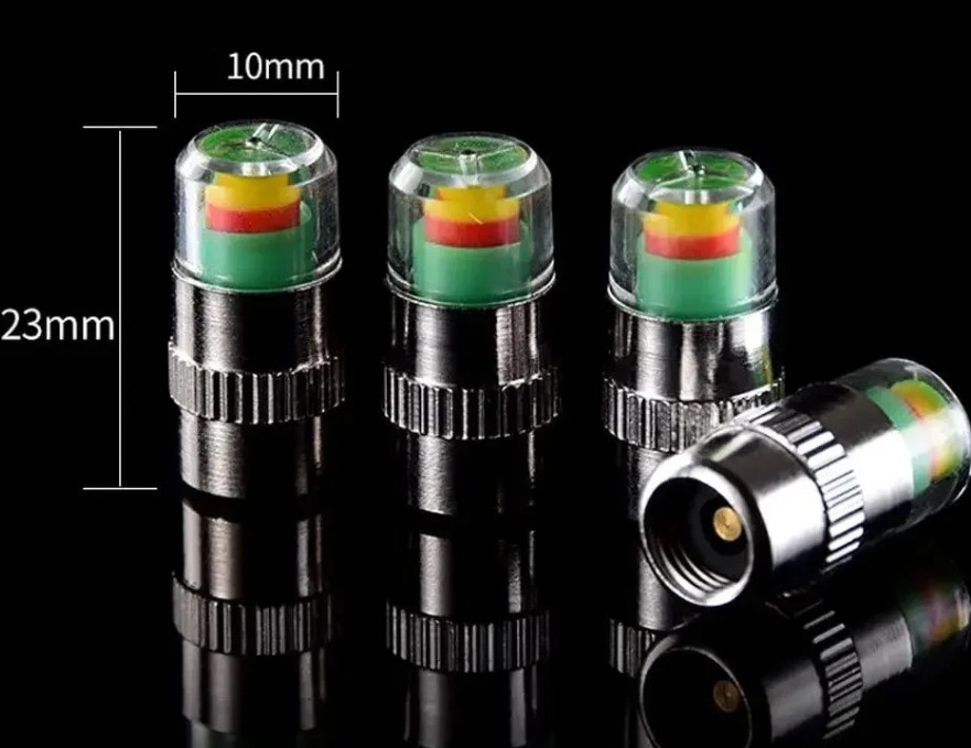Bộ 4 Nắp Van Cảnh Báo Áp Suất Lốp 3 Màu, Đồng Hồ Đo Áp Suất Thu Nhỏ Cho Ô Tô & Xe Máy