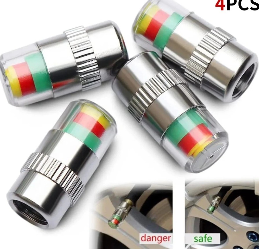 Bộ 4 Nắp Van Cảnh Báo Áp Suất Lốp 3 Màu, Đồng Hồ Đo Áp Suất Thu Nhỏ Cho Ô Tô & Xe Máy