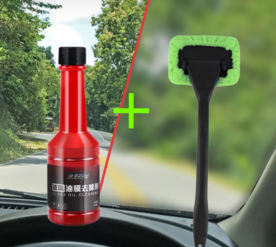 Bộ Dụng Cụ Vệ Sinh Kính Xe Hơi, Cây Lau Kính Đa Năng + Dung Dịch Làm Sạch, Chống Ố Mờ 150ml