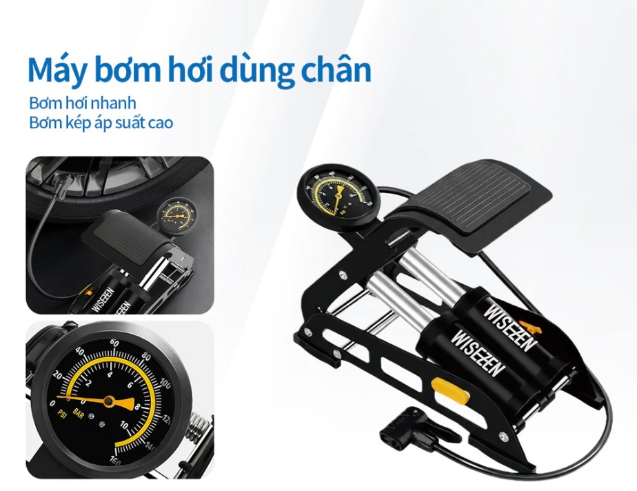 Bơm Đạp Chân 2 Ống Wisezen – Bơm Đa Năng Cho Xe Đạp, Xe Máy, Ô Tô Kèm Đồng Hồ Áp Suất Chuẩn Xác