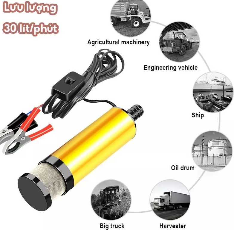Bơm Điện Chìm 12V/24V Vỏ Hợp Kim Nhôm – Bơm Dầu Diesel, Nhiên Liệu, Nước Công Suất Mạnh 30L/Phút