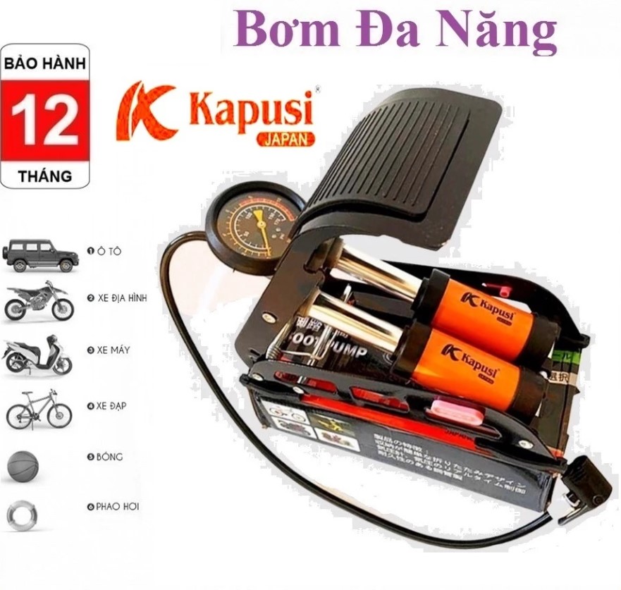 Bơm Hơi Đạp Chân Kapusi Dòng Bơm Mini 1 Xilanh, 2 Xilanh Mạnh Mẽ Cho Xe Máy, Xe Đạp, Ô Tô, Đồ Bơm Hơi