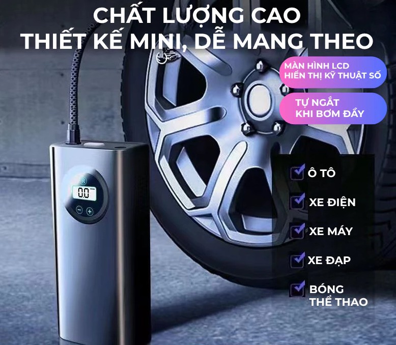 Bơm Hơi Mini Di Động Dùng Pin Sạc Cao Cấp Wisezen – Cho Ô Tô, Xe Máy, Xe Đạp, Xe Điện & Bóng Thể Thao