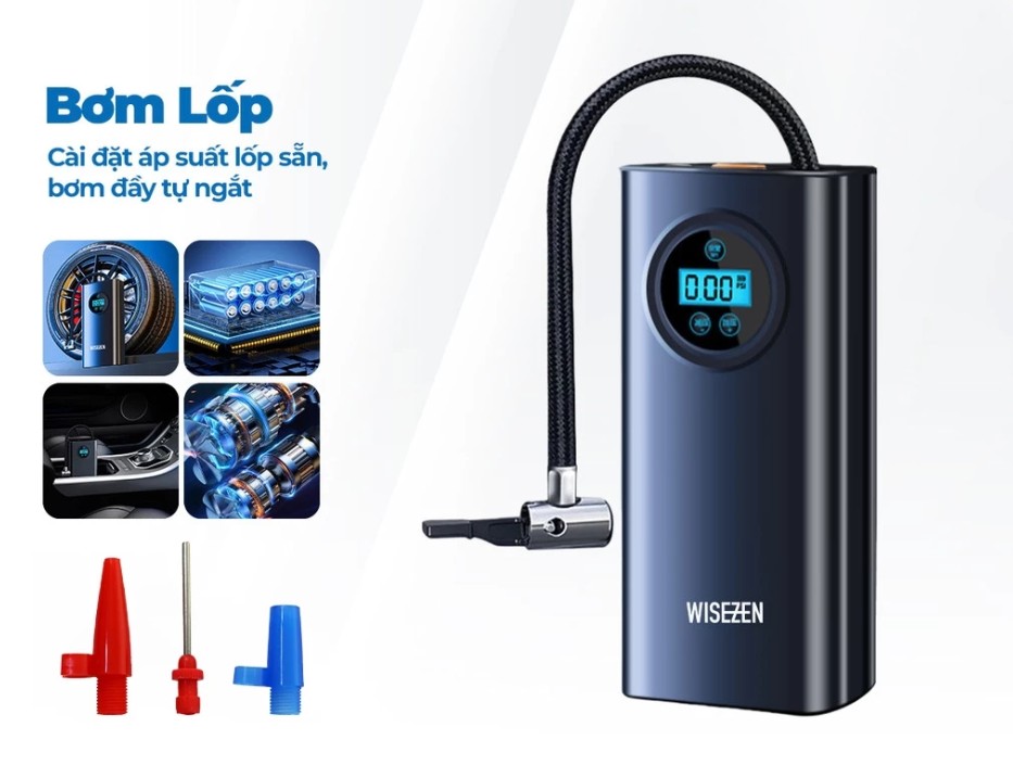 Bơm Hơi Mini Di Động Dùng Pin Sạc Cao Cấp Wisezen – Cho Ô Tô, Xe Máy, Xe Đạp, Xe Điện & Bóng Thể Thao