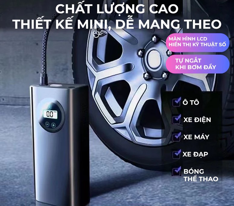Bơm hơi mini di động xe hơi dùng pin sạc cao cấp Wisezen