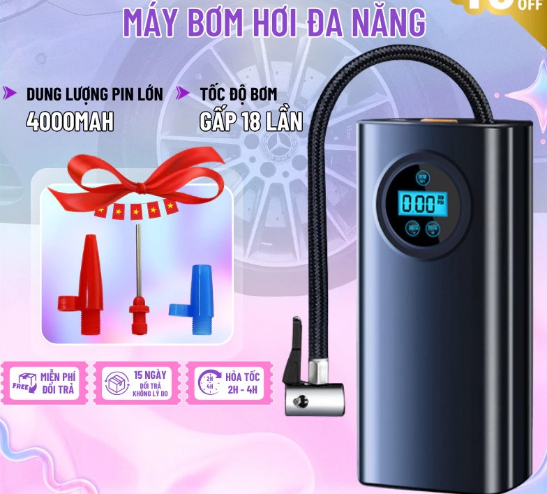 Bơm hơi mini di động xe hơi dùng pin sạc cao cấp Wisezen