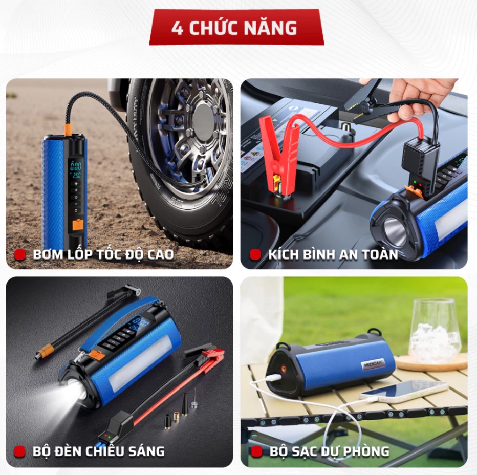 Bơm Lốp Kích Bình Ô Tô V2 4in1 Medicar 12.000mAh – Bơm Lốp, Kích Bình, Sạc Dự Phòng & Đèn Pin Siêu Sáng
