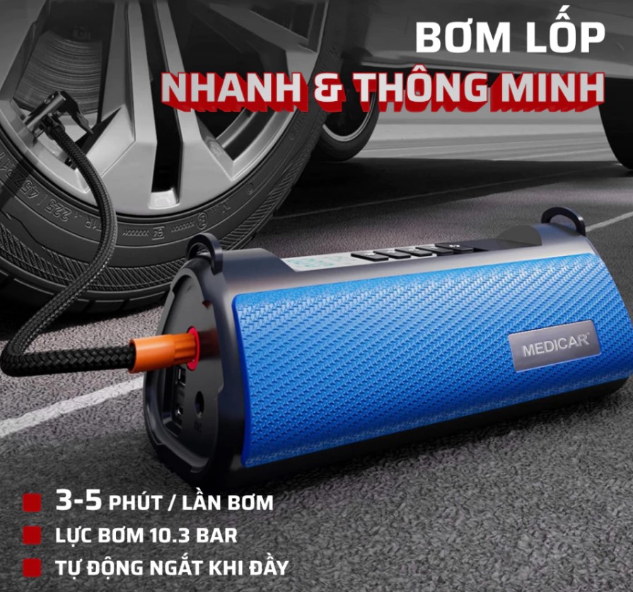 Bơm Lốp Kích Bình Ô Tô V2 4in1 Medicar 12.000mAh – Bơm Lốp, Kích Bình, Sạc Dự Phòng & Đèn Pin Siêu Sáng