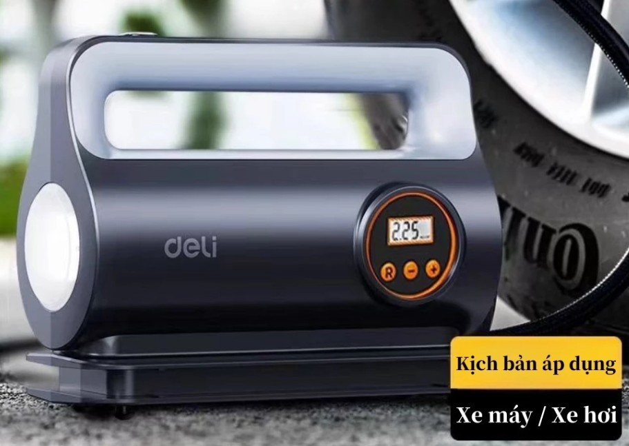 Bơm Lốp Ô Tô Deli – Máy Bơm Xe Điện Tử Thông Minh, Tự Ngắt, Thiết Kế Nhỏ Gọn