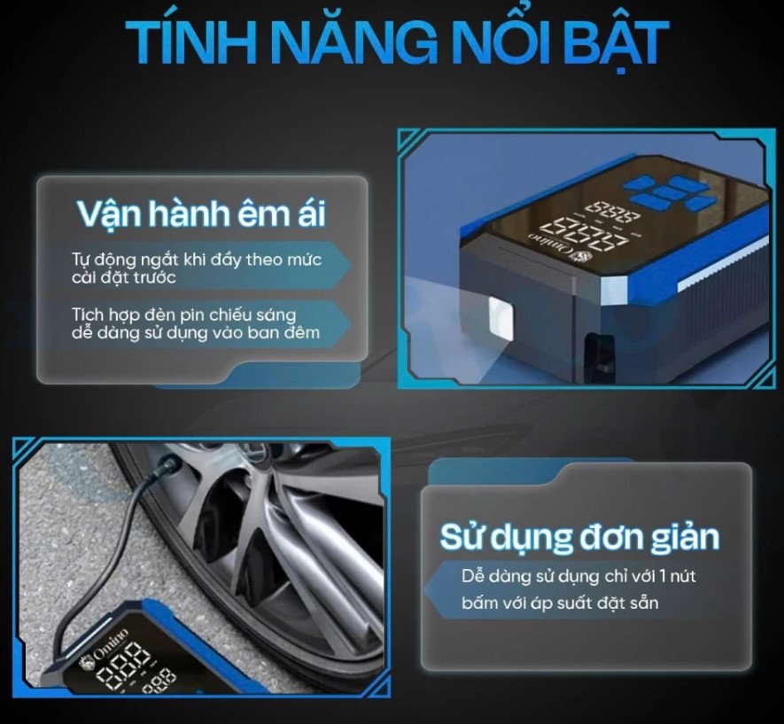 Bơm Lốp Ô Tô Mini Đa Năng AIKESI, Omino, Không Dây – Máy Bơm Hơi Xe Hơi Tự Ngắt Thông Minh 12V