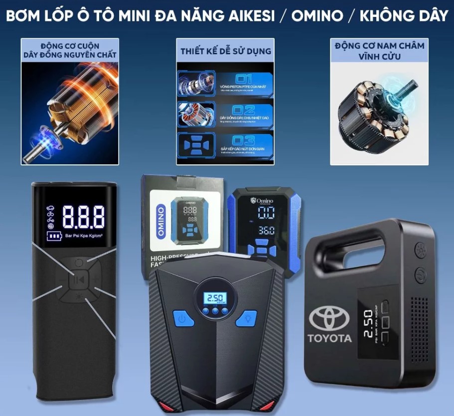 Bơm Lốp Ô Tô Mini Đa Năng AIKESI, Omino, Không Dây – Máy Bơm Hơi Xe Hơi Tự Ngắt Thông Minh 12V
