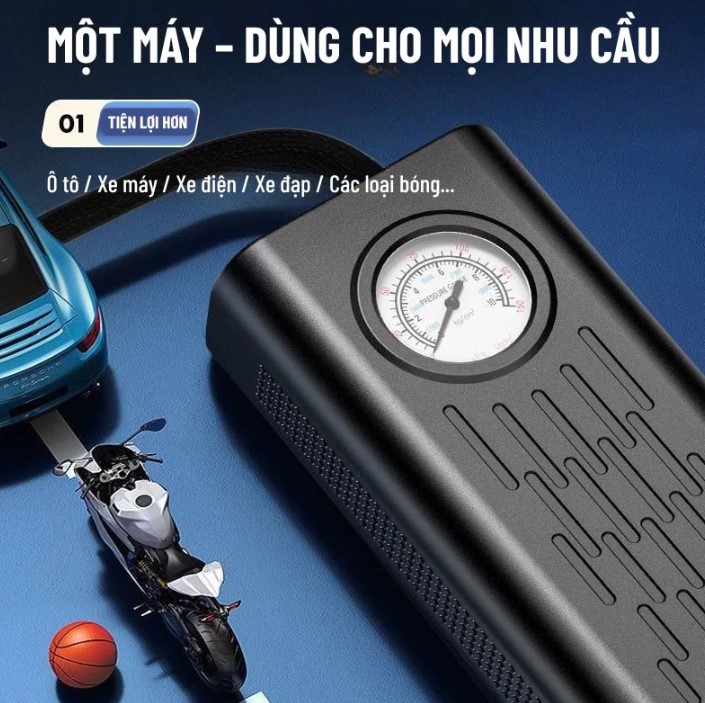 Bơm lốp ô tô sạc pin tự động – Cài đặt sẵn áp suất, dừng khi đầy, vận hành êm ái chỉ 35dB