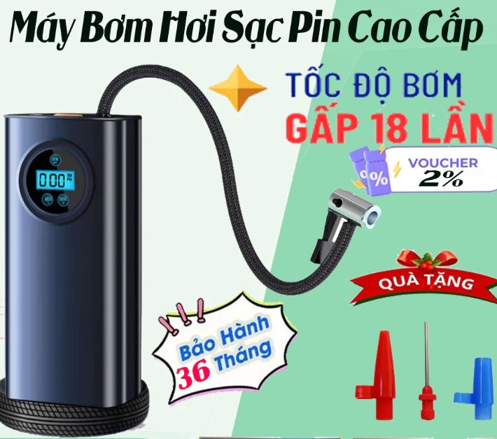 Bơm lốp ô tô sạc pin tự động – Cài đặt sẵn áp suất, dừng khi đầy, vận hành êm ái chỉ 35dB