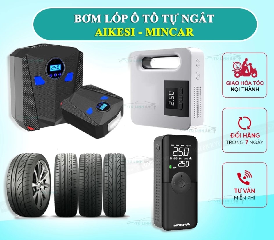Bơm Lốp Ô Tô, Xe Hơi Điện Tử Tự Ngắt Chính Hãng AIKESI / YOROSHIKO (Có Pin Tích Điện)