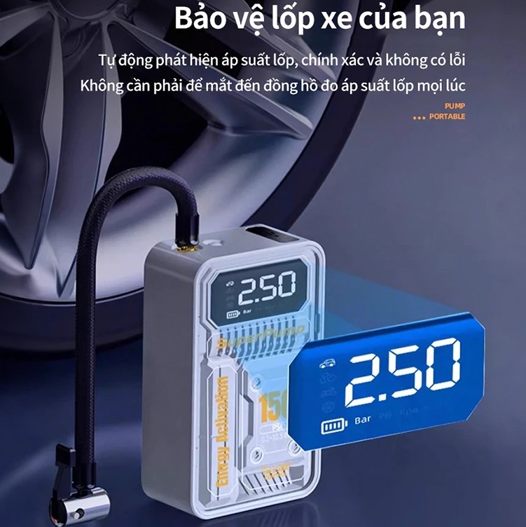 Bơm Lốp Xe Hơi Mini 120W Áp Suất 150 PSI Cầm Tay Không Dây, Có Dây Nhỏ Gọn, Mạnh Mẽ