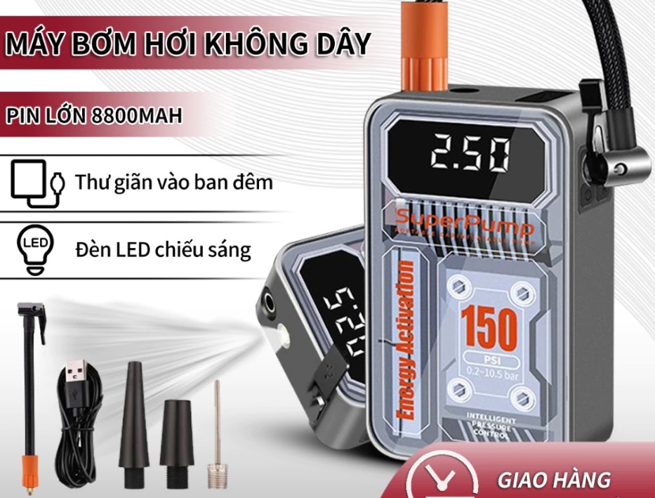 Bơm Lốp Xe Hơi Mini 120W Áp Suất 150 PSI Cầm Tay Không Dây, Có Dây Nhỏ Gọn, Mạnh Mẽ