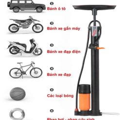 Bơm Xe Đạp – Xe Máy – Ô Tô Bằng Thép Không Gỉ Có Đồng Hồ Đo Áp Suất, Siêu Bền