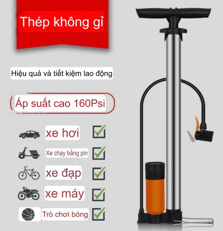 Bơm Xe Máy – Xe Đạp 160PSI Cao Cấp Tích Hợp Đồng Hồ Đo Áp Suất Chính Xác