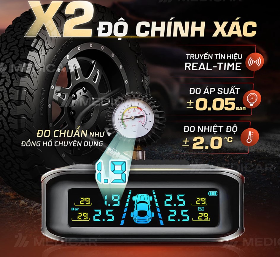 CẢM BIẾN ÁP SUẤT LỐP Ô TÔ MEDICAR – Cảnh Báo Tiếng Việt, Chính Xác Gấp Đôi