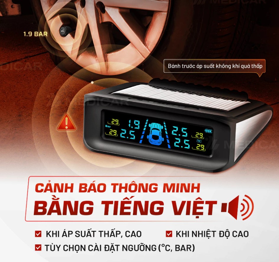 CẢM BIẾN ÁP SUẤT LỐP Ô TÔ MEDICAR – Cảnh Báo Tiếng Việt, Chính Xác Gấp Đôi