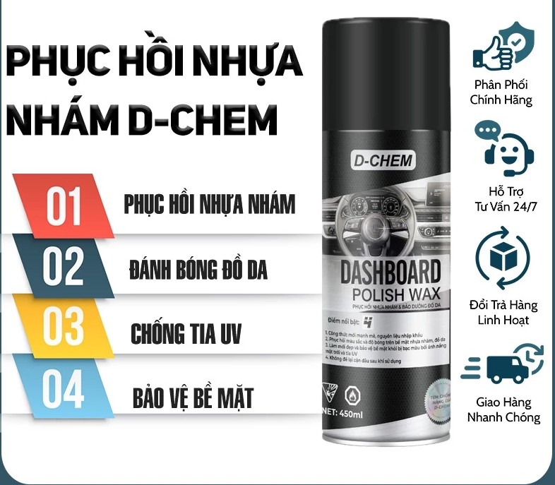 Chai Xịt Phục Hồi Nhựa Nhám & Đánh Bóng Đồ Da D-CHEM 450ml – Dưỡng Bề Mặt Nhựa Nhám Ô Tô, Xe Máy