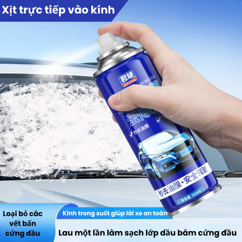 Chai Xịt Tẩy Ố Kính Xe Ô Tô – Bình Xịt Bọt Tẩy Màng Dầu, Cặn Canxi, Vết Bẩn, Làm Bóng Kính Xe, Phủ Nano Chống Bám Nước