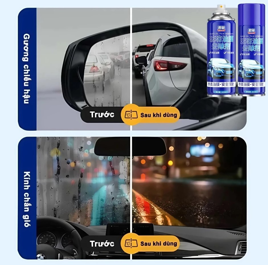 Chai Xịt Tẩy Ố Kính Xe Ô Tô – Bình Xịt Bọt Tẩy Màng Dầu, Cặn Canxi, Vết Bẩn, Làm Bóng Kính Xe, Phủ Nano Chống Bám Nước