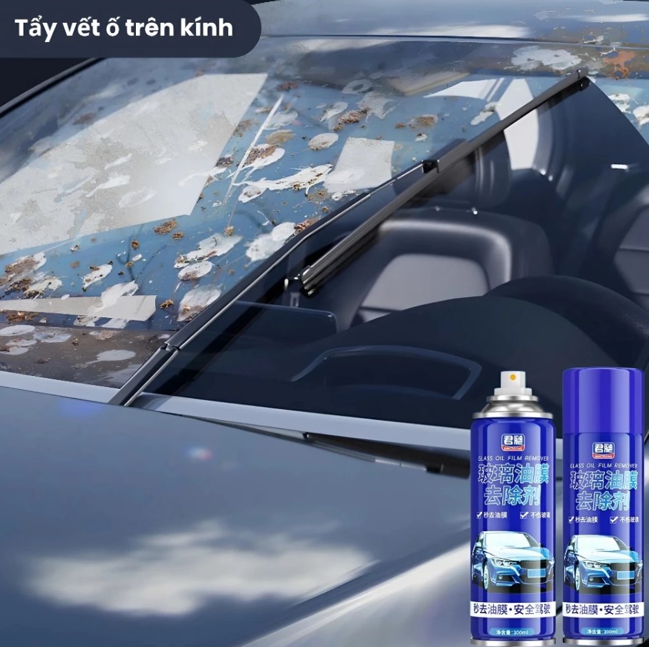 Chai Xịt Tẩy Ố Kính Xe Ô Tô – Bình Xịt Bọt Tẩy Màng Dầu, Cặn Canxi, Vết Bẩn, Làm Bóng Kính Xe, Phủ Nano Chống Bám Nước