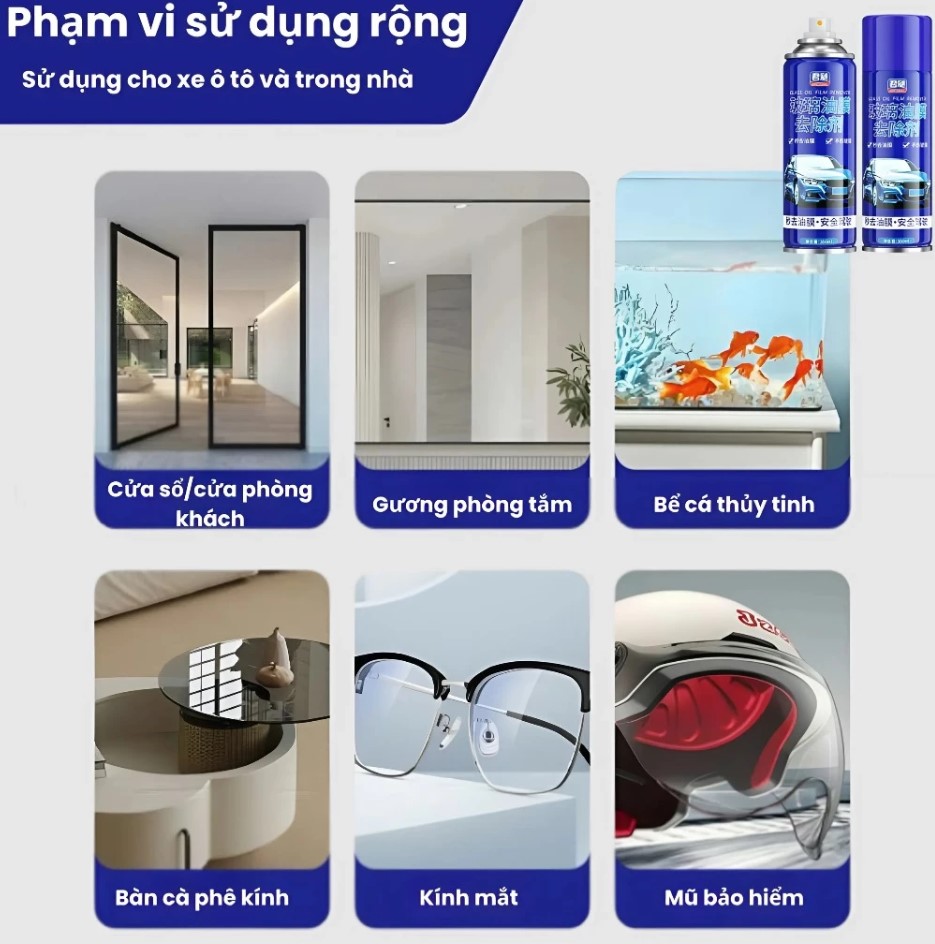 Chai Xịt Tẩy Ố Kính Xe Ô Tô – Bình Xịt Bọt Tẩy Màng Dầu, Cặn Canxi, Vết Bẩn, Làm Bóng Kính Xe, Phủ Nano Chống Bám Nước