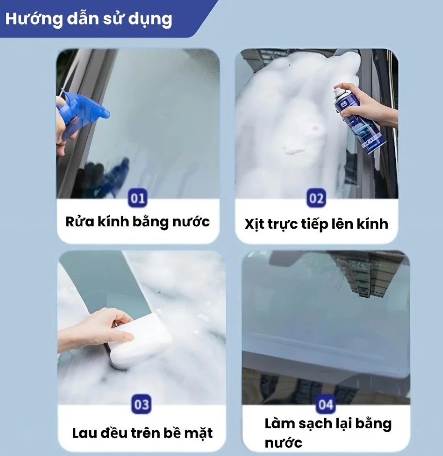 Chai Xịt Tẩy Ố Kính Xe Ô Tô – Bình Xịt Bọt Tẩy Màng Dầu, Cặn Canxi, Vết Bẩn, Làm Bóng Kính Xe, Phủ Nano Chống Bám Nước