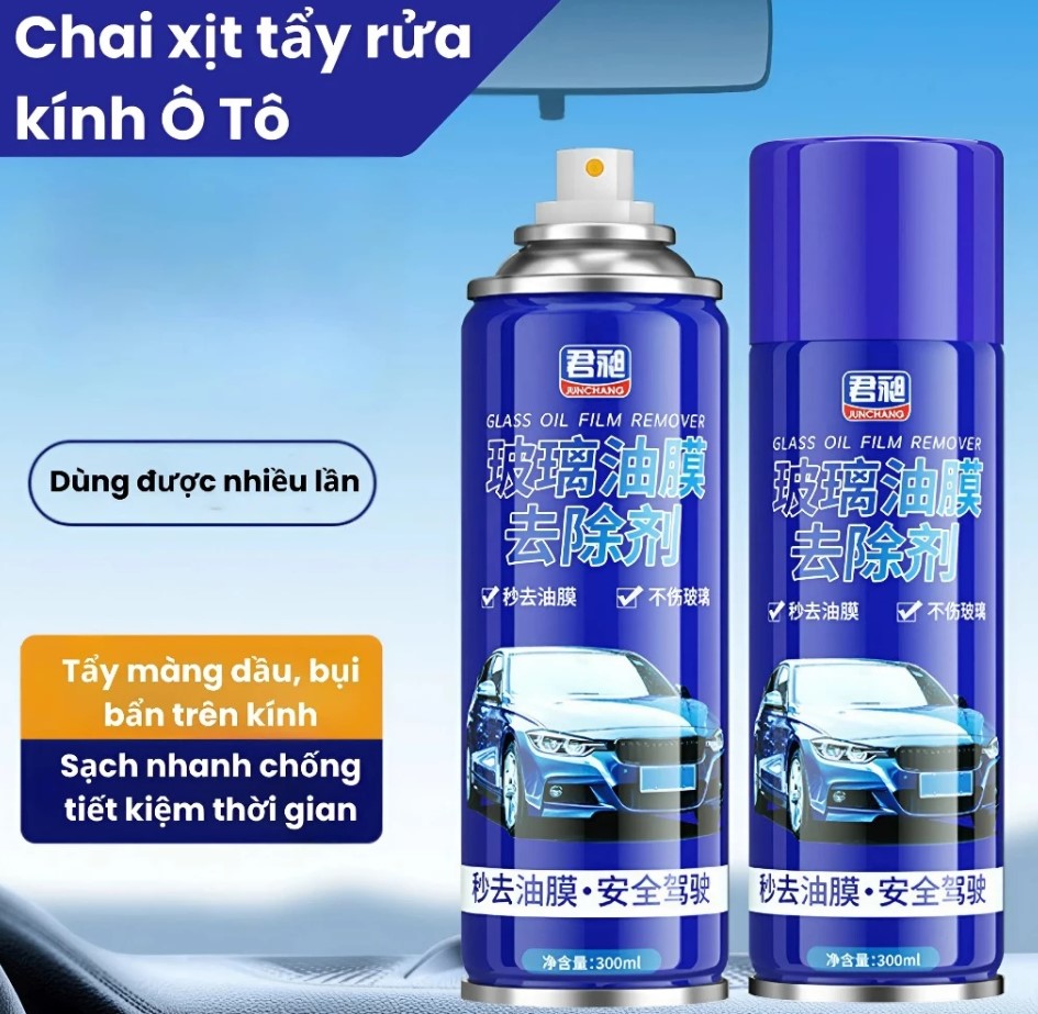 Chai Xịt Tẩy Ố Kính Xe Ô Tô – Bình Xịt Bọt Tẩy Màng Dầu, Cặn Canxi, Vết Bẩn, Làm Bóng Kính Xe, Phủ Nano Chống Bám Nước