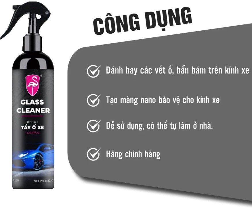 Chai Xịt Tẩy Ố Kính Xe Ô Tô FLAMINGO Làm Sạch Cặn Canxi, Ố Mốc, Mờ Đục & Phủ Nano