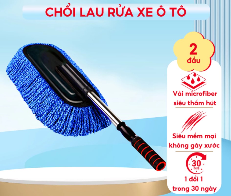 Chổi Rửa Xe Ô Tô Cán Dài Microfiber Đa Năng Tự Xoay 360° Kèm Bàn Chải Tiện Dụng