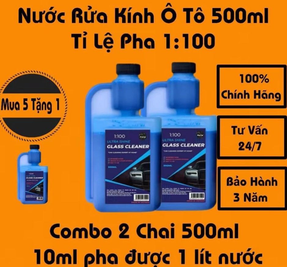COMBO 2 Chai Nước Rửa Kính Ô Tô GLASS CLEANER 500ML – Đậm Đặc Tỷ Lệ Pha 1:100 (10ML pha được 1 lít nước)