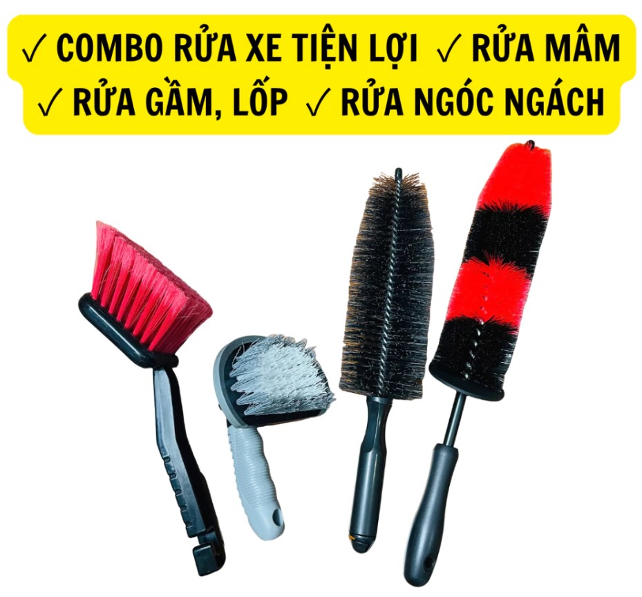 Combo Cọ Rửa Xe Đa Năng – Chổi Rửa Mâm Lazang, Bàn Chải Lốp, Vệ Sinh Gầm & Lốc Máy Ô Tô, Xe Máy
