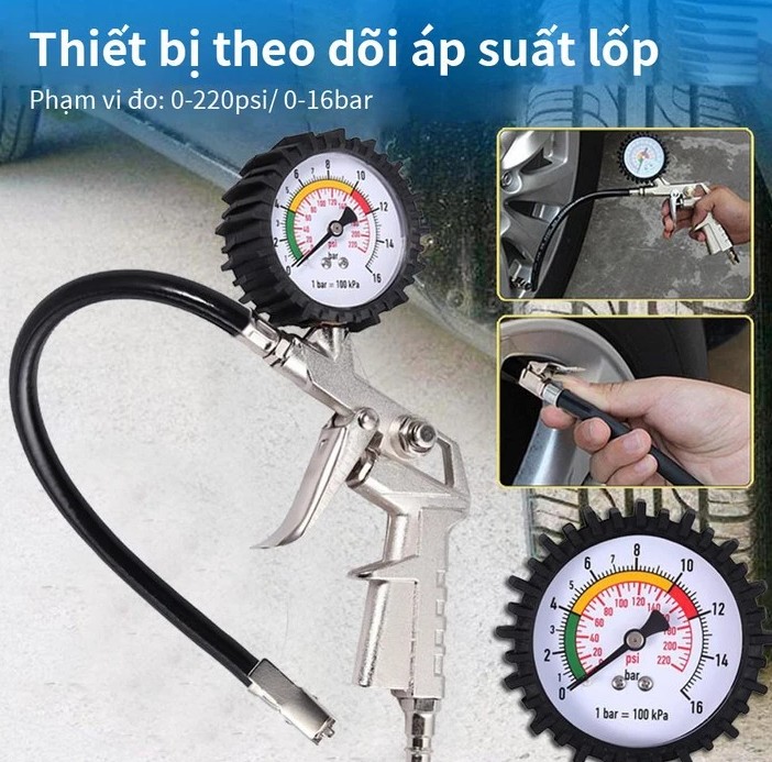 Đầu Vòi Bơm Hơi Kiêm Đồng Hồ Đo Áp Suất Lốp – Chính Xác, Phạm Vi 0-16 Bar / 0-230 Psi